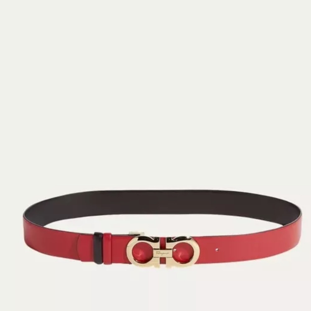 SALVATORE FERRAGAMO Gancini Reversible Leather Belt Lipstick Red/Black/Gold 90cm